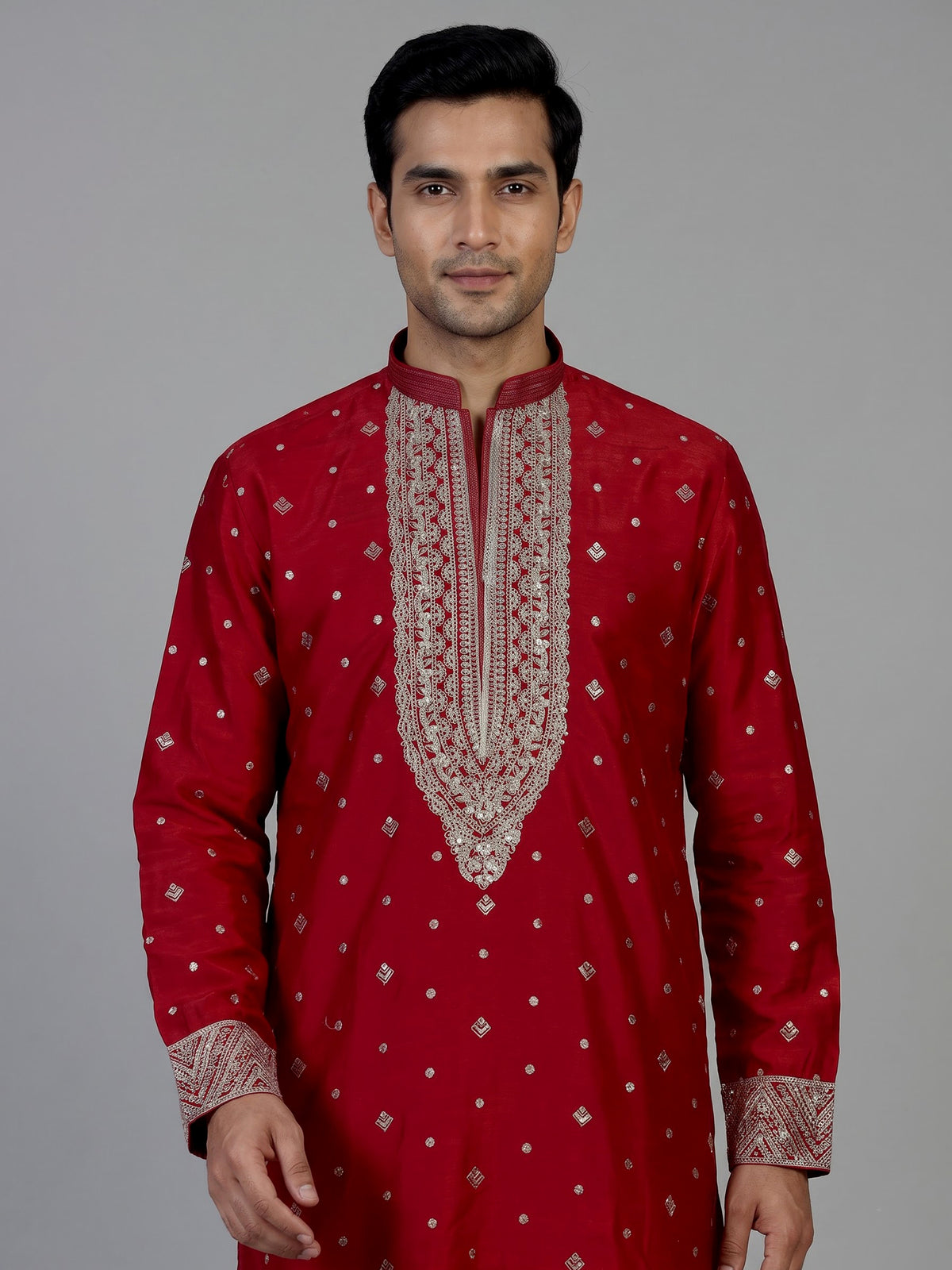 Red Dupion silk mens kurta pajama with zardosi bib