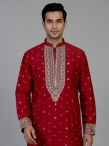 Red Dupion silk mens kurta pajama with zardosi bib