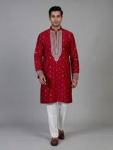 Red Dupion silk mens kurta pajama with zardosi bib