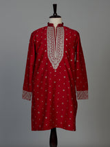 Red Dupion silk mens kurta pajama with zardosi bib