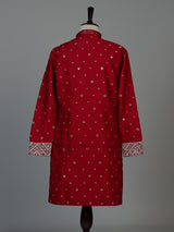 Red Dupion silk mens kurta pajama with zardosi bib