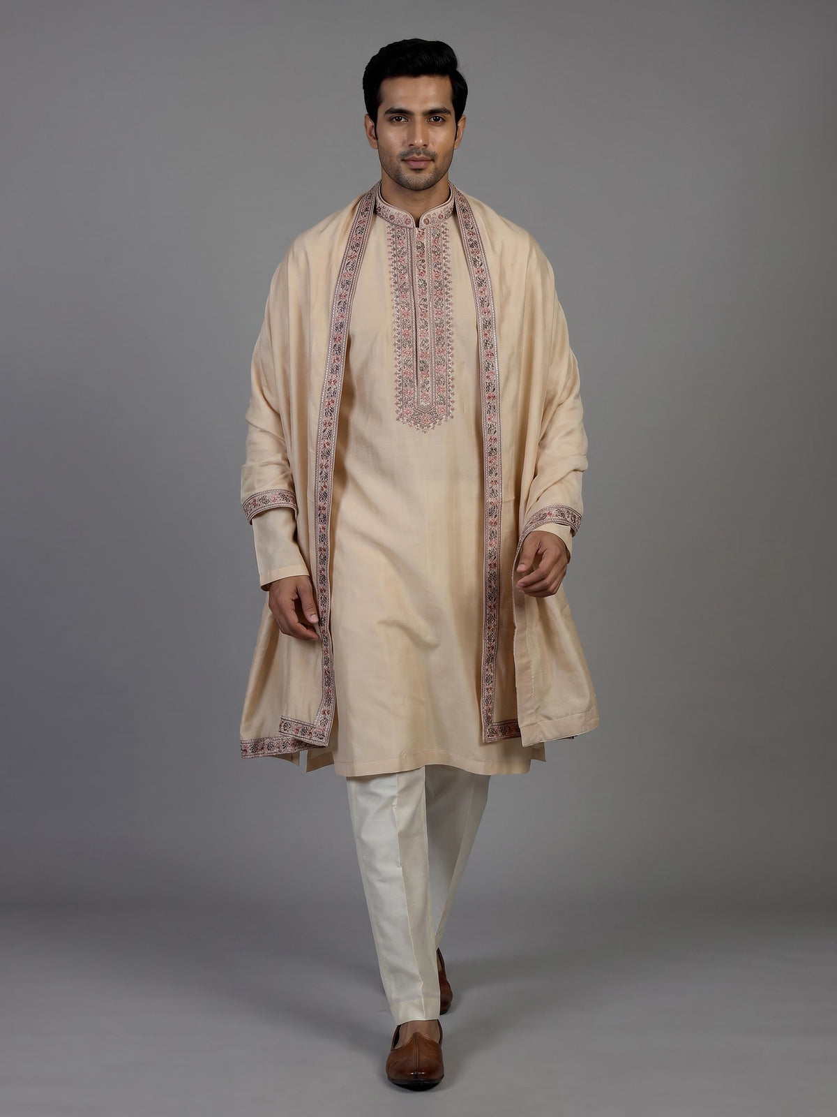 Beige cotton silk mens kurta suit with embroidered dupatta