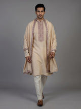 Beige cotton silk mens kurta suit with embroidered dupatta