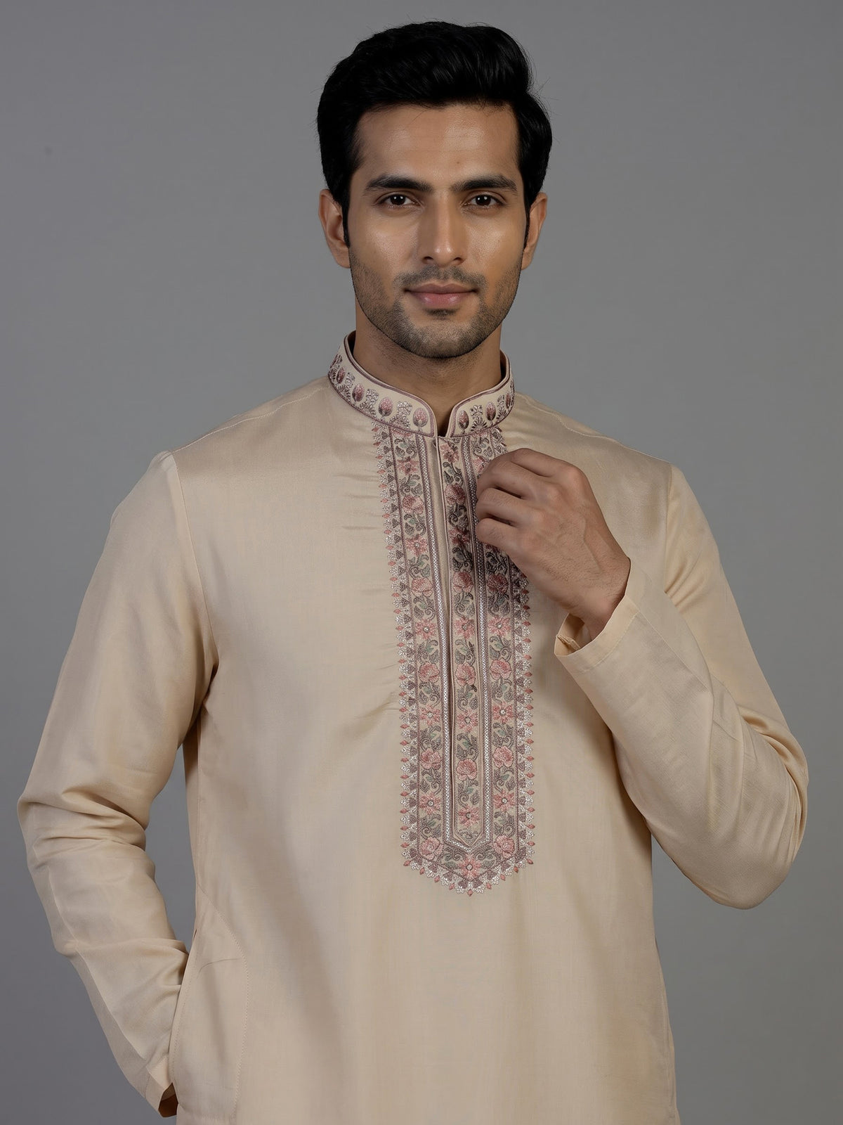 Beige cotton silk mens kurta suit with embroidered dupatta