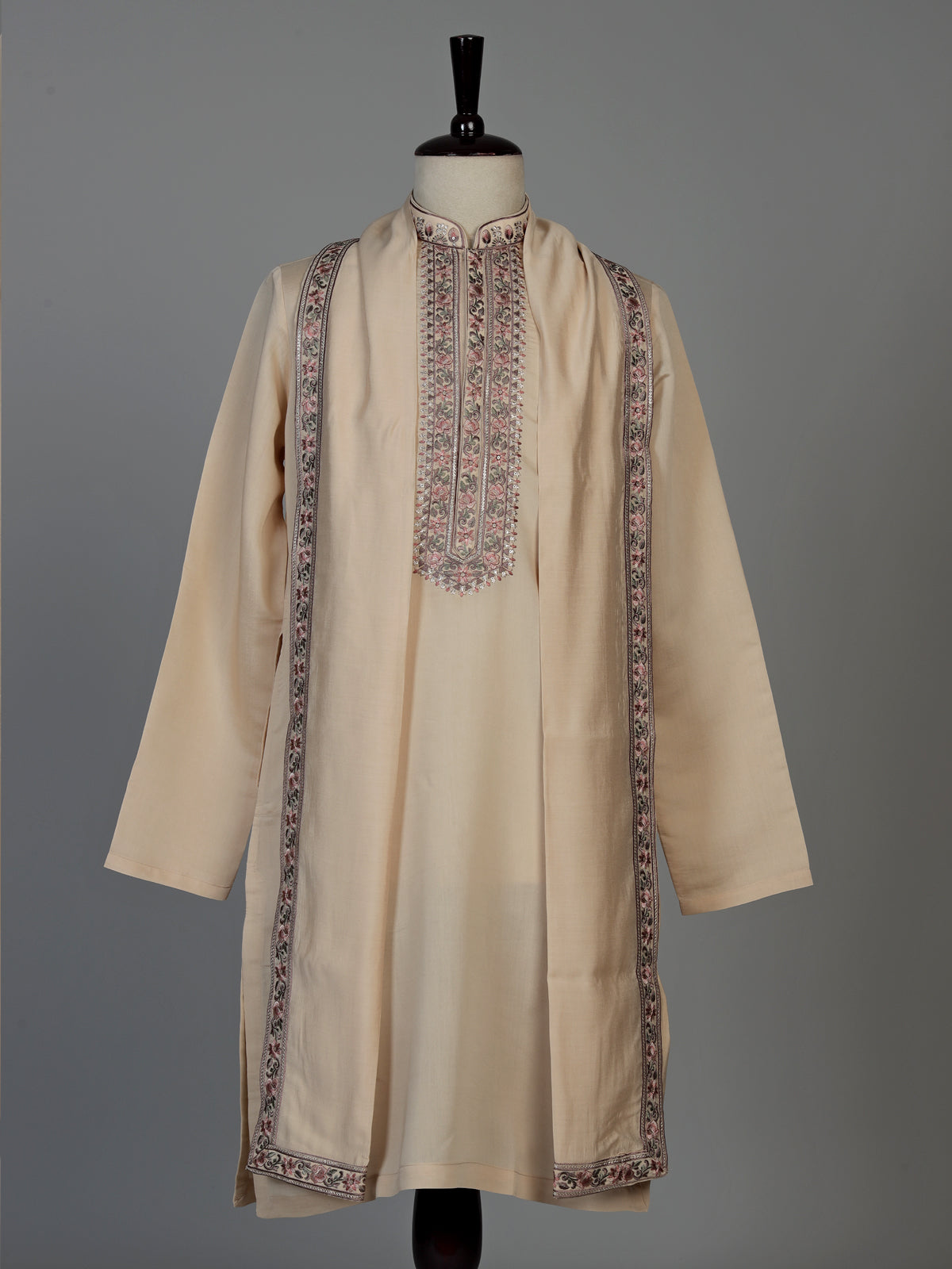 Beige cotton silk mens kurta suit with embroidered dupatta