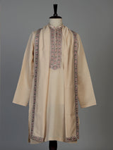 Beige cotton silk mens kurta suit with embroidered dupatta
