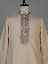 Beige cotton silk mens kurta suit with embroidered dupatta