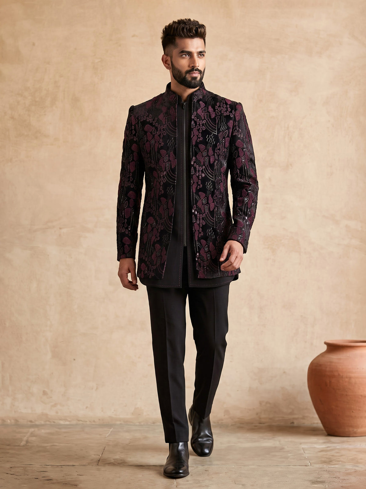 Black signature  mens  indo western open jacket