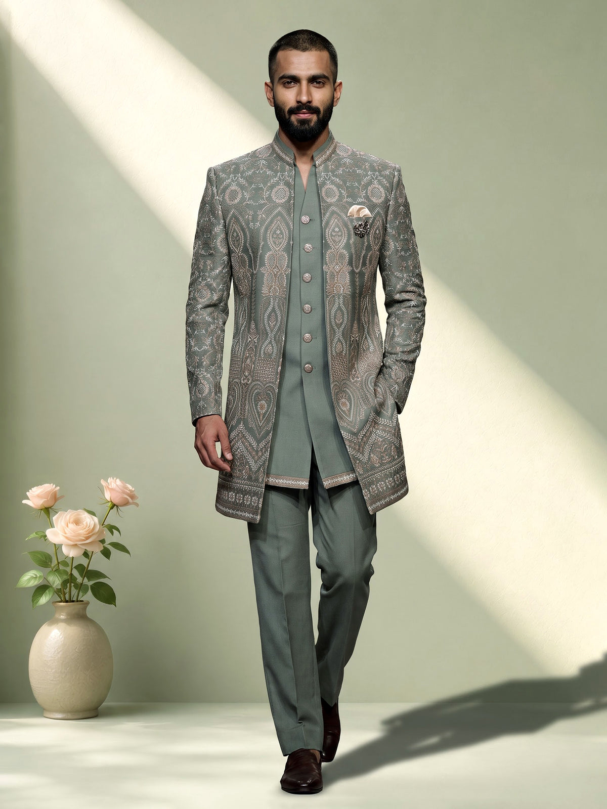 Sage green regal  mens  indo western open jacket with jharokha