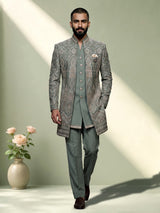 Sage green regal  mens  indo western open jacket with jharokha