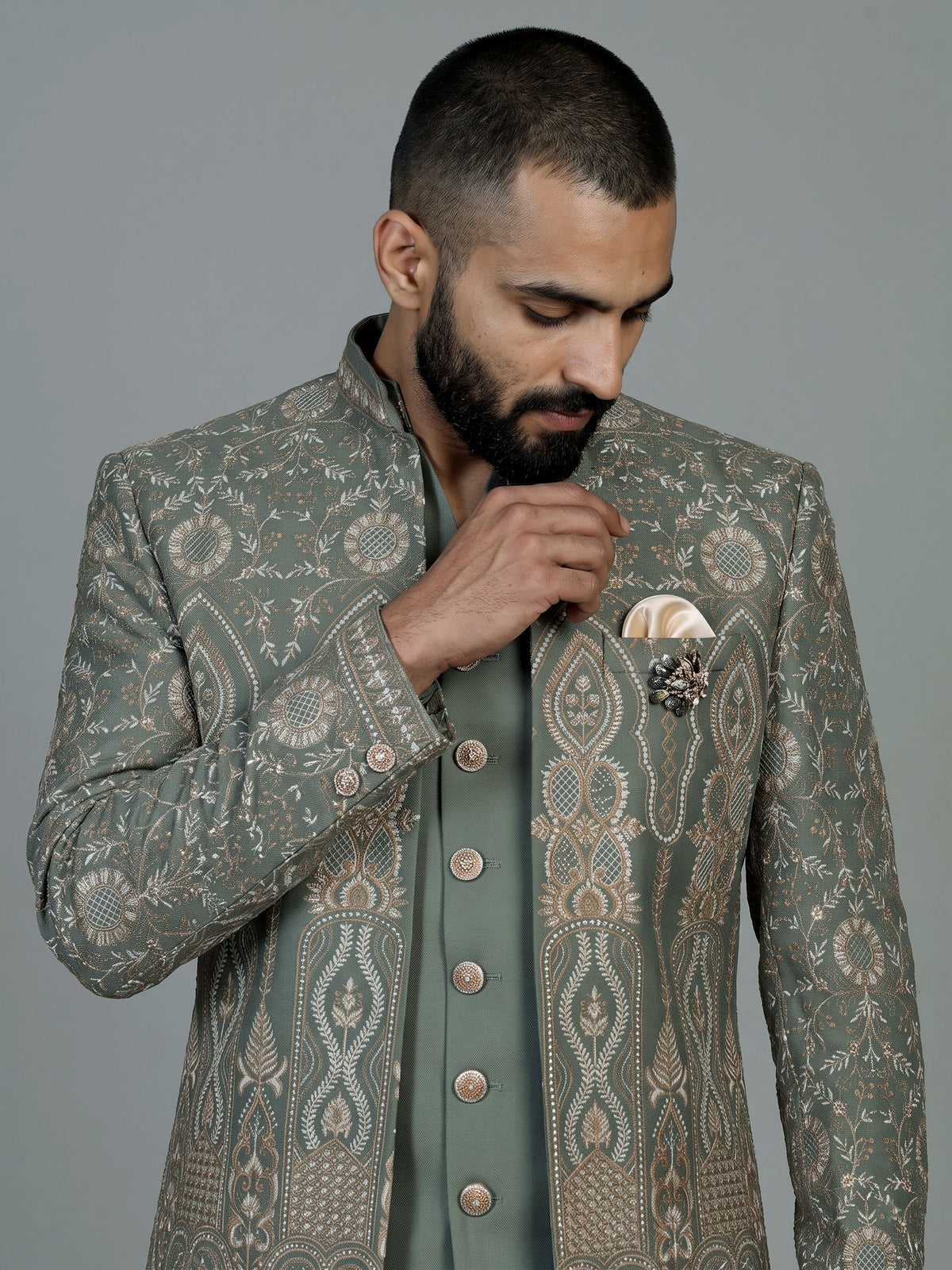 Sage green regal  mens  indo western open jacket with jharokha