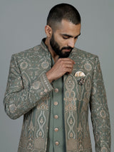 Sage green regal  mens  indo western open jacket with jharokha