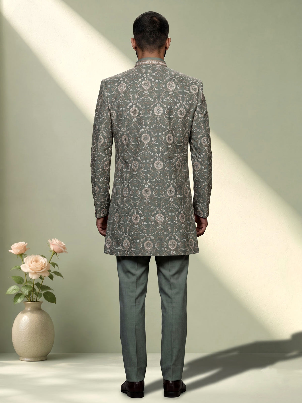 Sage green regal  mens  indo western open jacket with jharokha