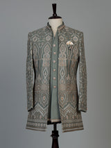 Sage green regal  mens  indo western open jacket with jharokha