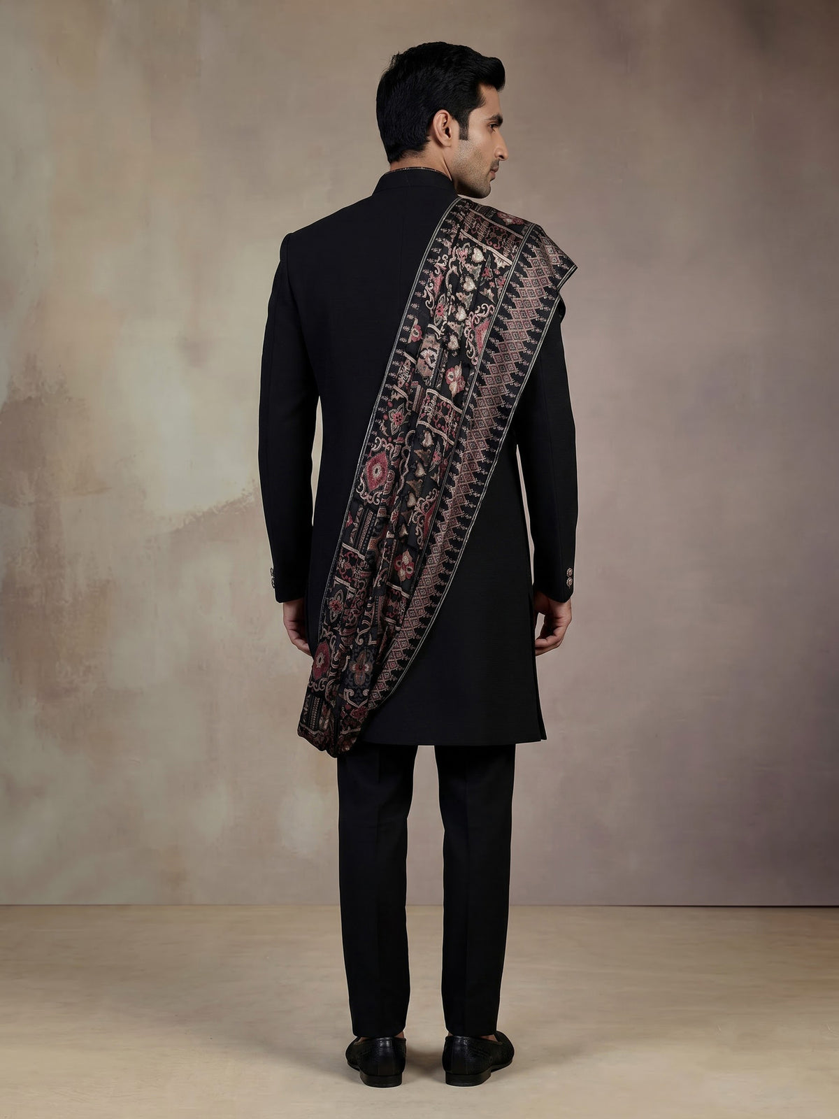 Black luxury  mens  indo western with kashmiri jamawar stole