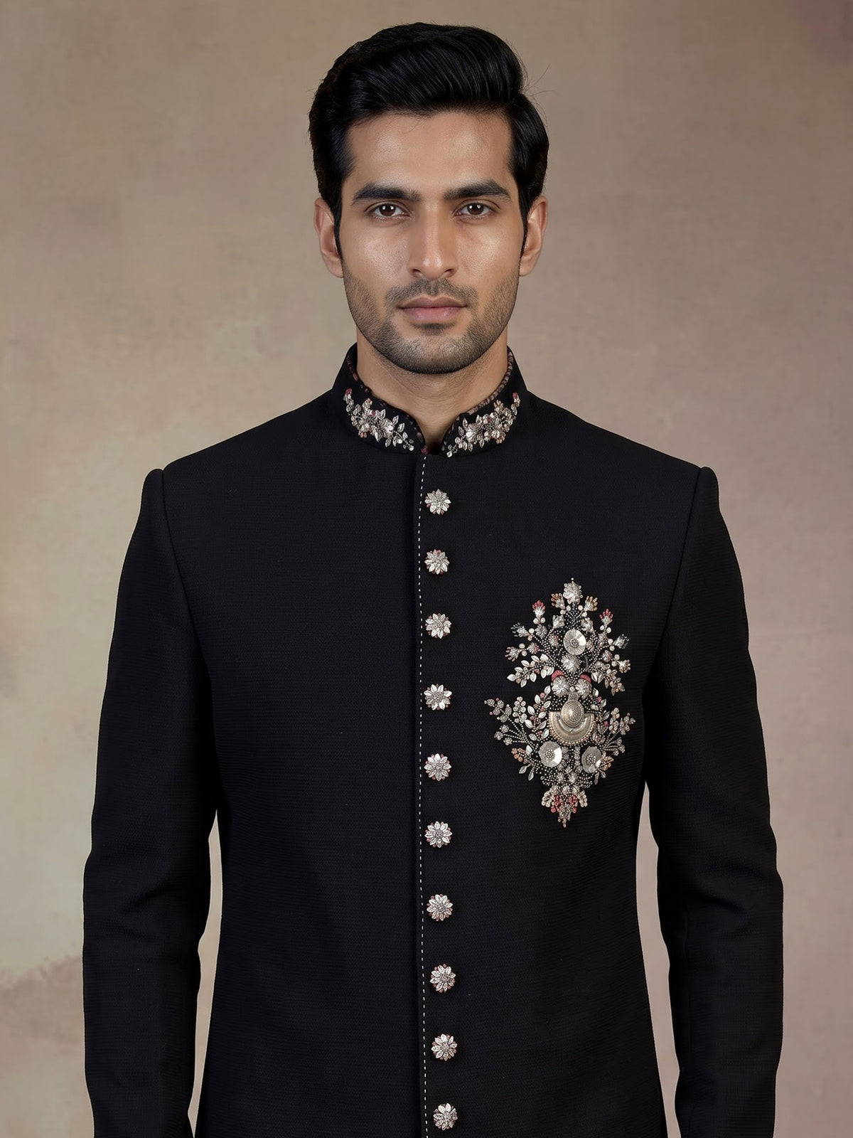 Black luxury  mens  indo western with kashmiri jamawar stole