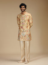 Cream paisley embroidered silk mens kurta pajama