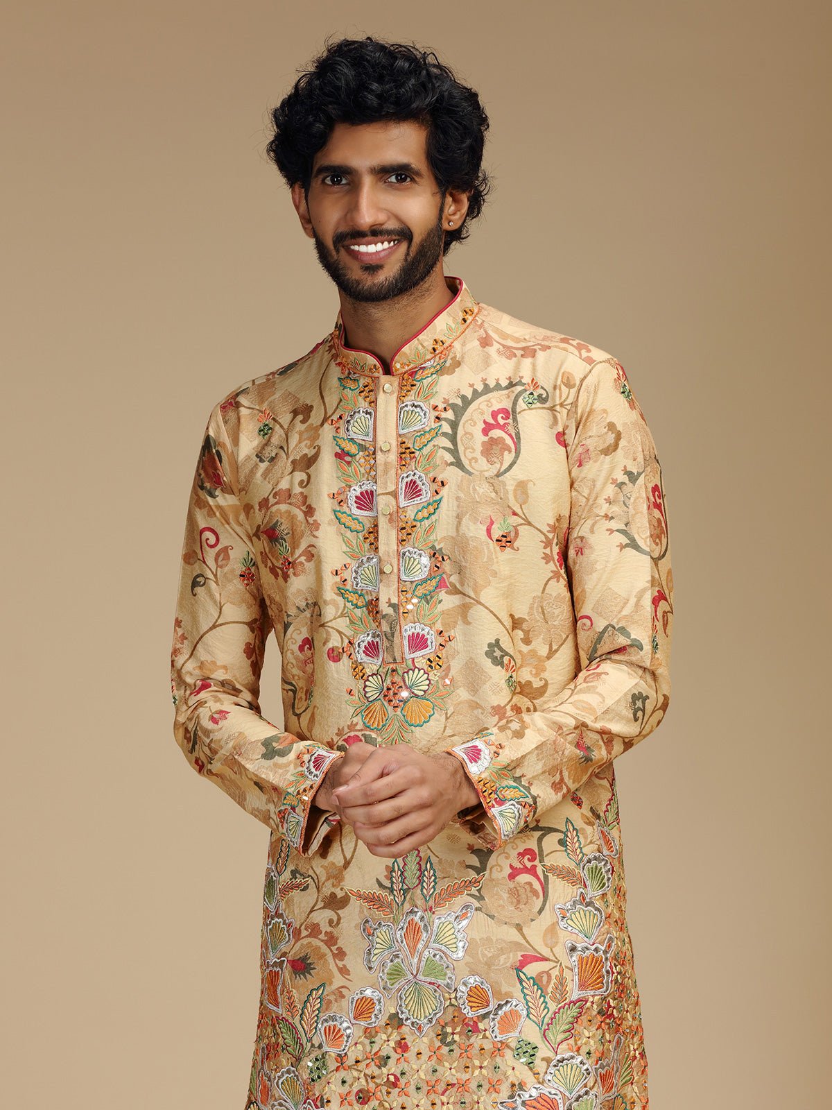 Cream paisley embroidered silk mens kurta pajama