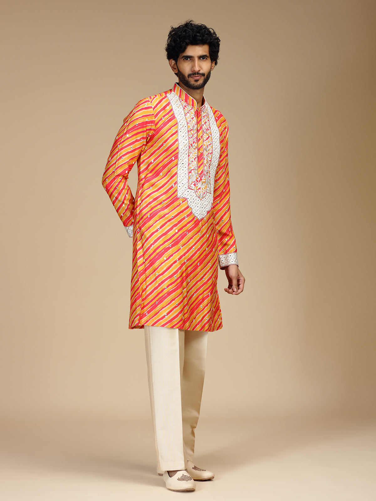 Orange leheriya printed silk mens kurta pajama