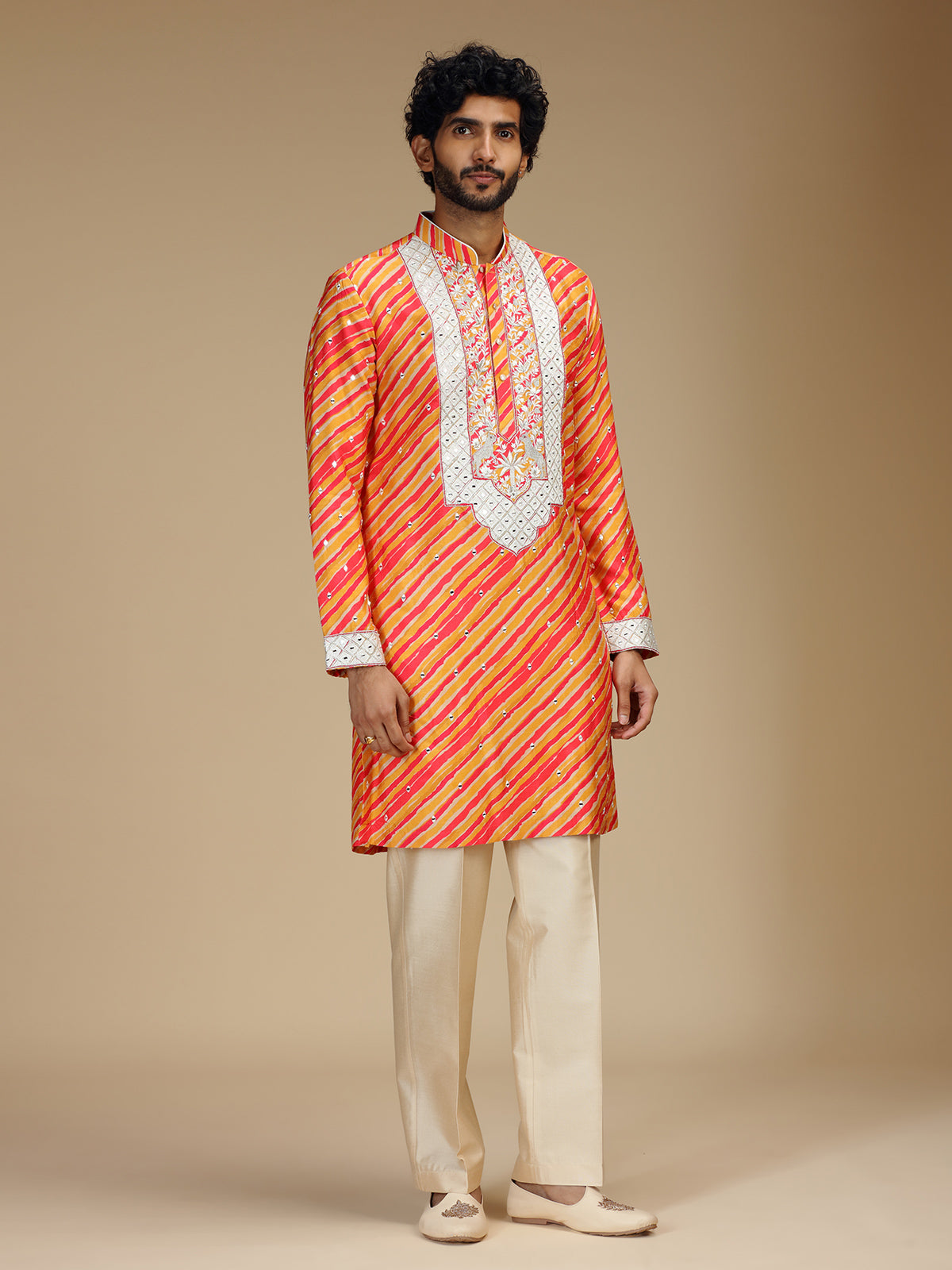Orange leheriya printed silk mens kurta pajama