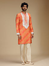 Orange leheriya printed silk mens kurta pajama