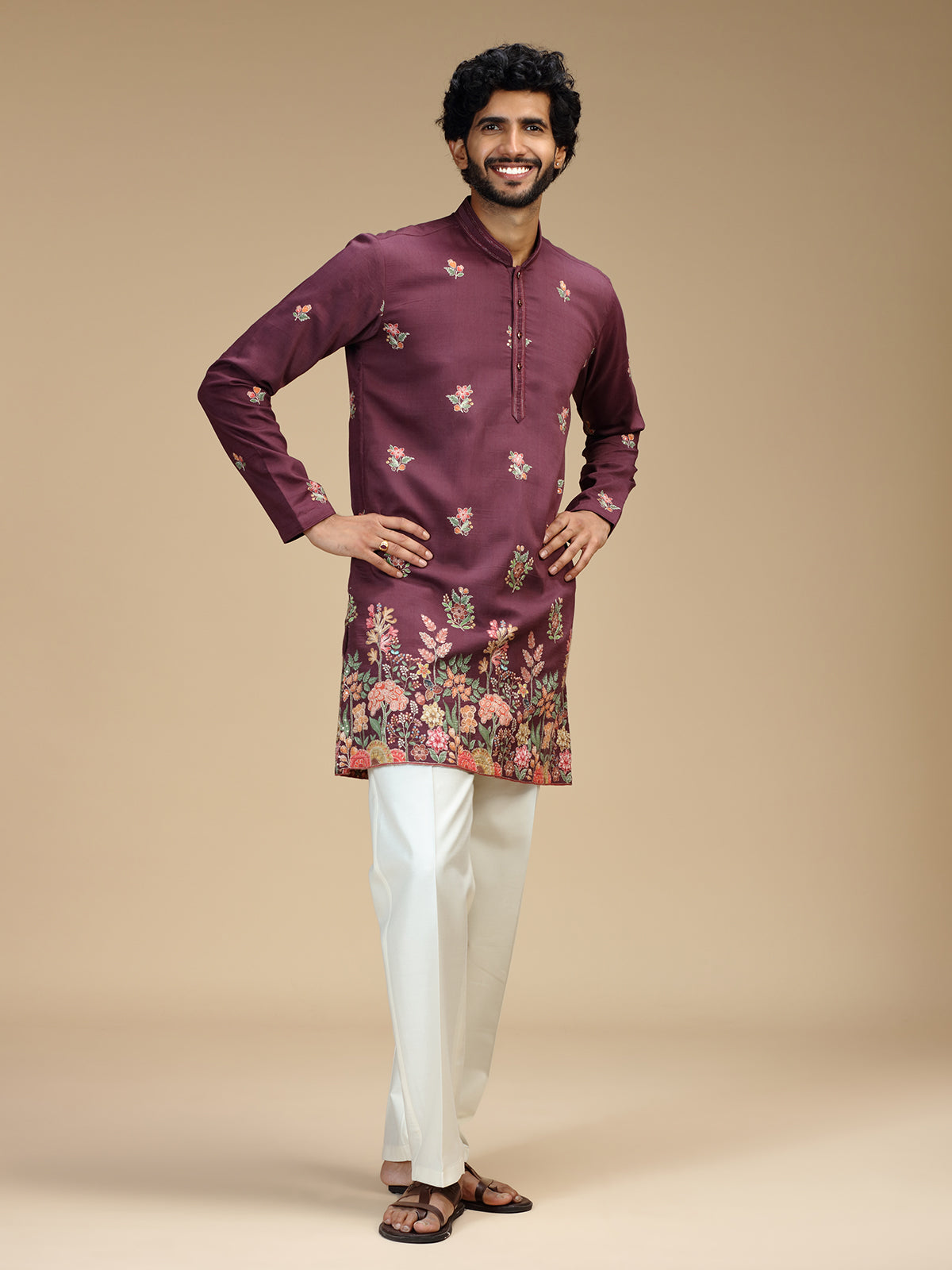 Deep purple floral embroidered viscose kurta pajama