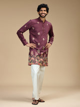 Deep purple floral embroidered viscose kurta pajama