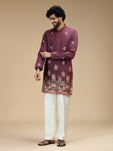 Deep purple floral embroidered viscose kurta pajama