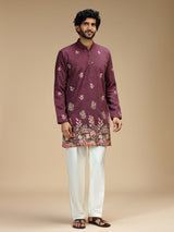 Deep purple floral embroidered viscose kurta pajama