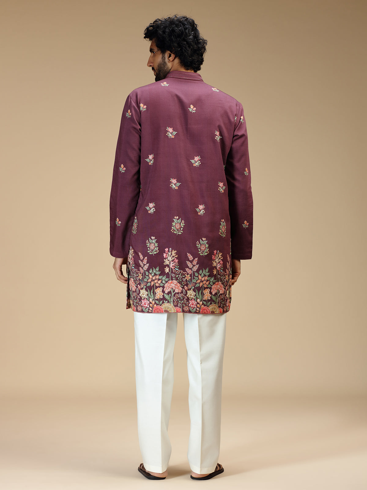 Deep purple floral embroidered viscose kurta pajama