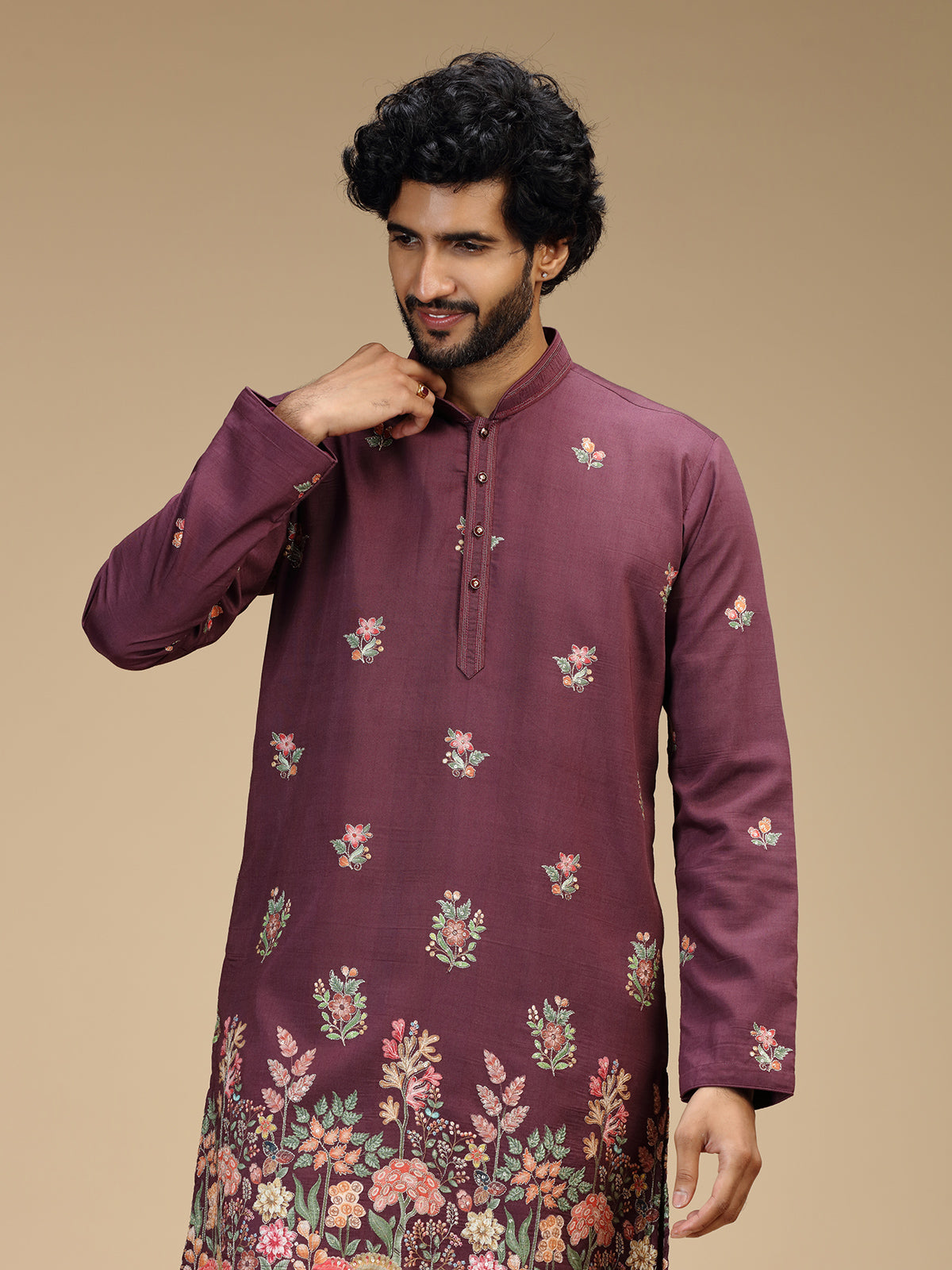 Deep purple floral embroidered viscose kurta pajama
