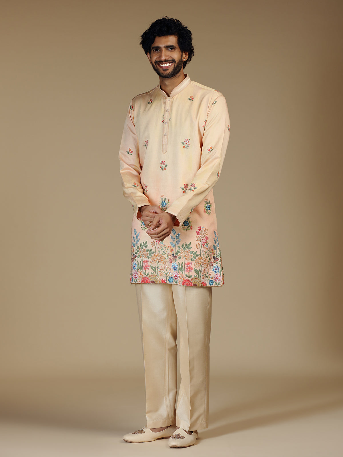 Peach floral resham embroidered mens kurta pajama