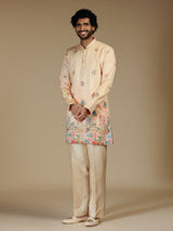 Peach floral resham embroidered mens kurta pajama