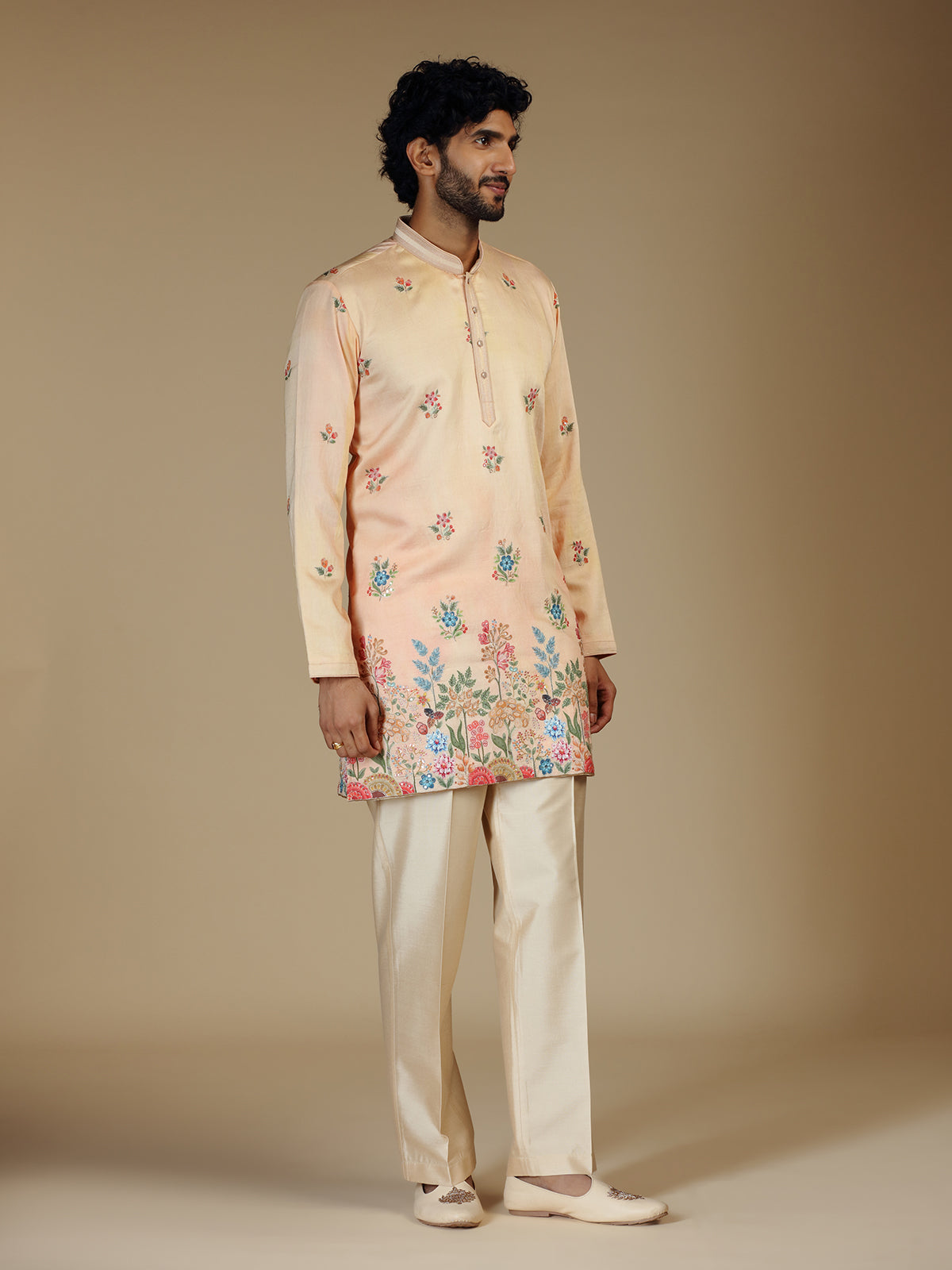 Peach floral resham embroidered mens kurta pajama