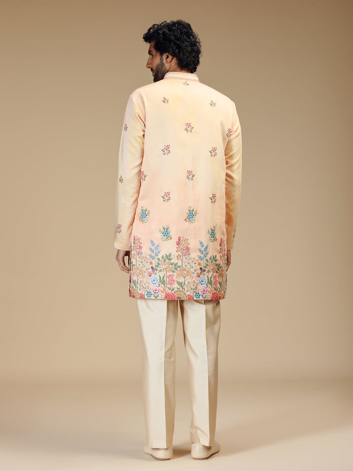 Peach floral resham embroidered mens kurta pajama