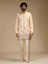 Peach floral resham embroidered mens kurta pajama