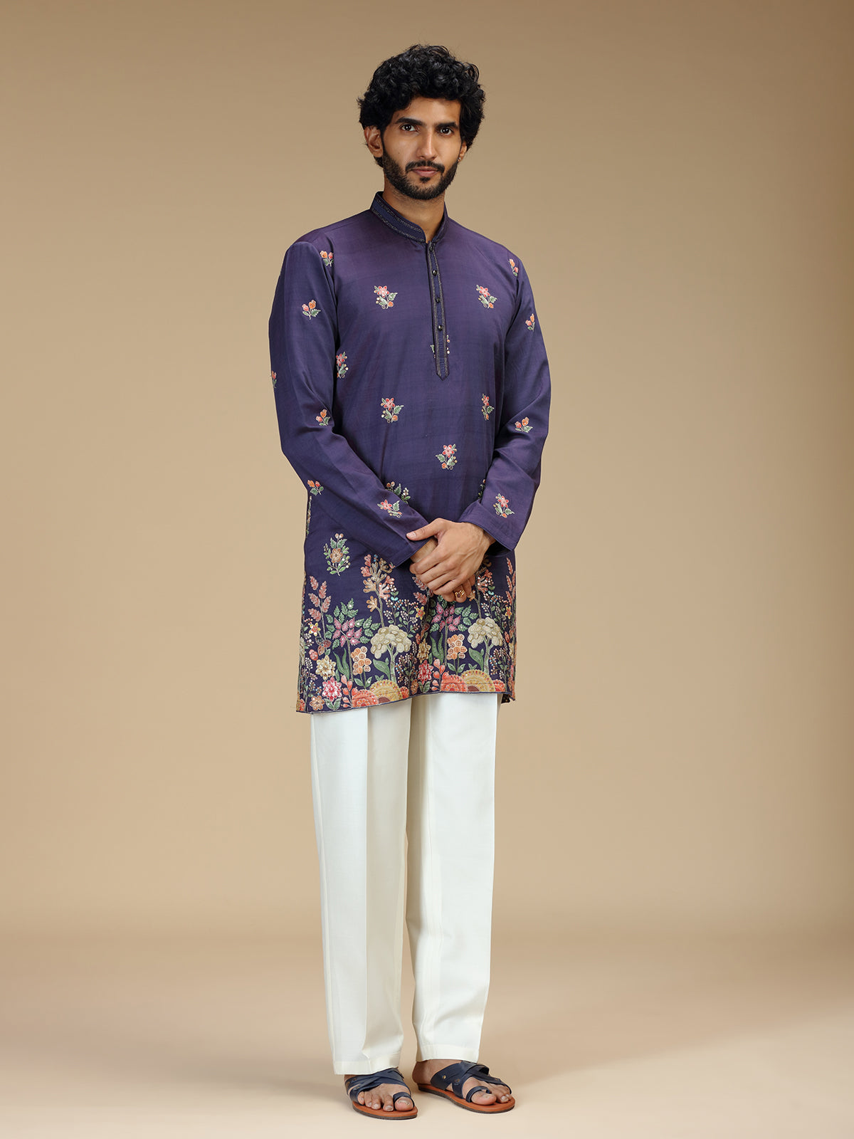 Royal purple floral embroidered mens kurta pajama