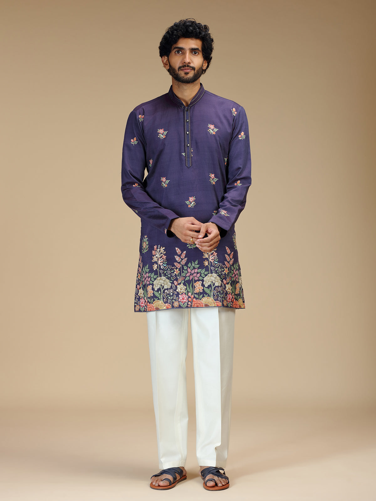 Royal purple floral embroidered mens kurta pajama