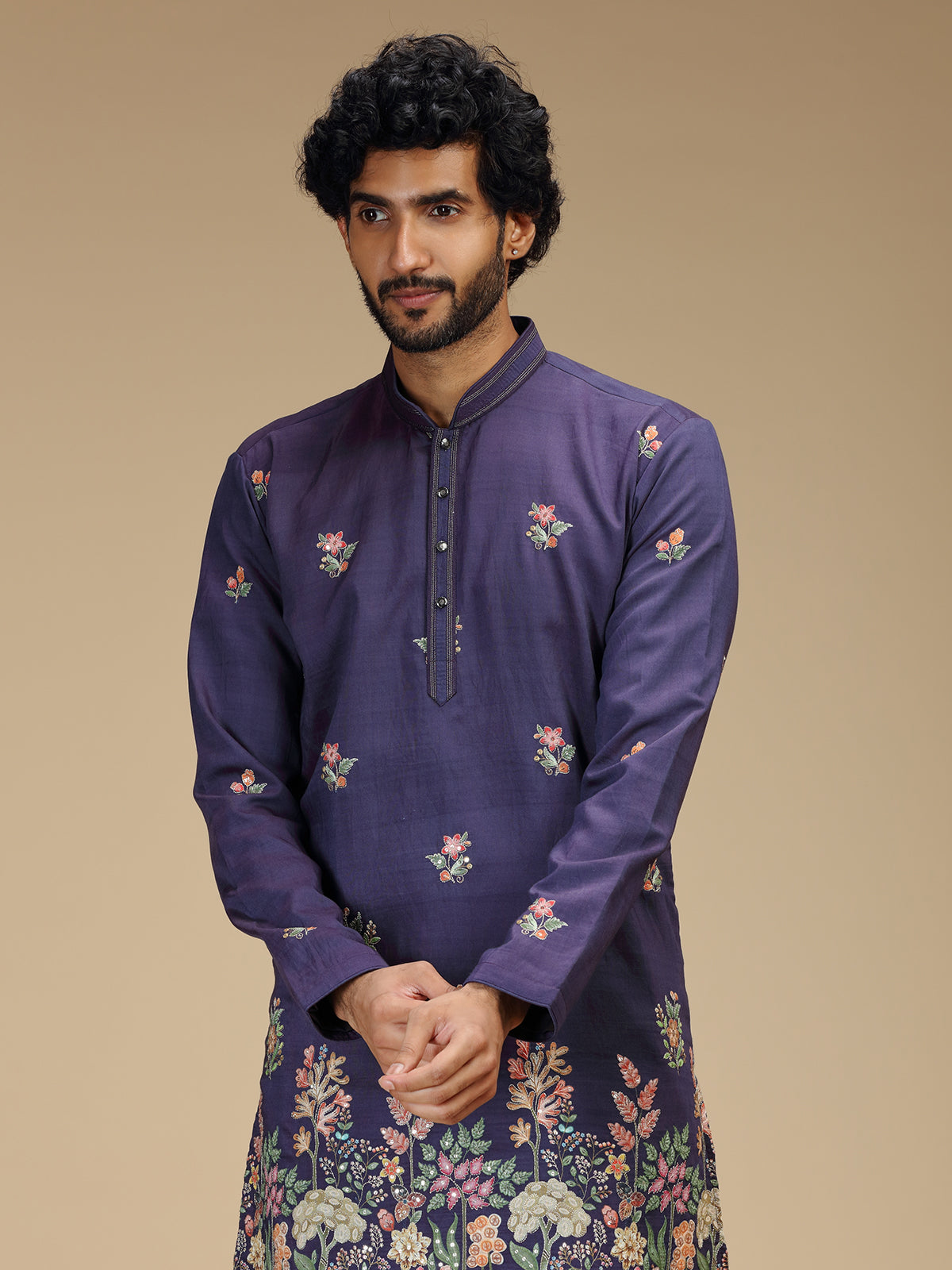Royal purple floral embroidered mens kurta pajama