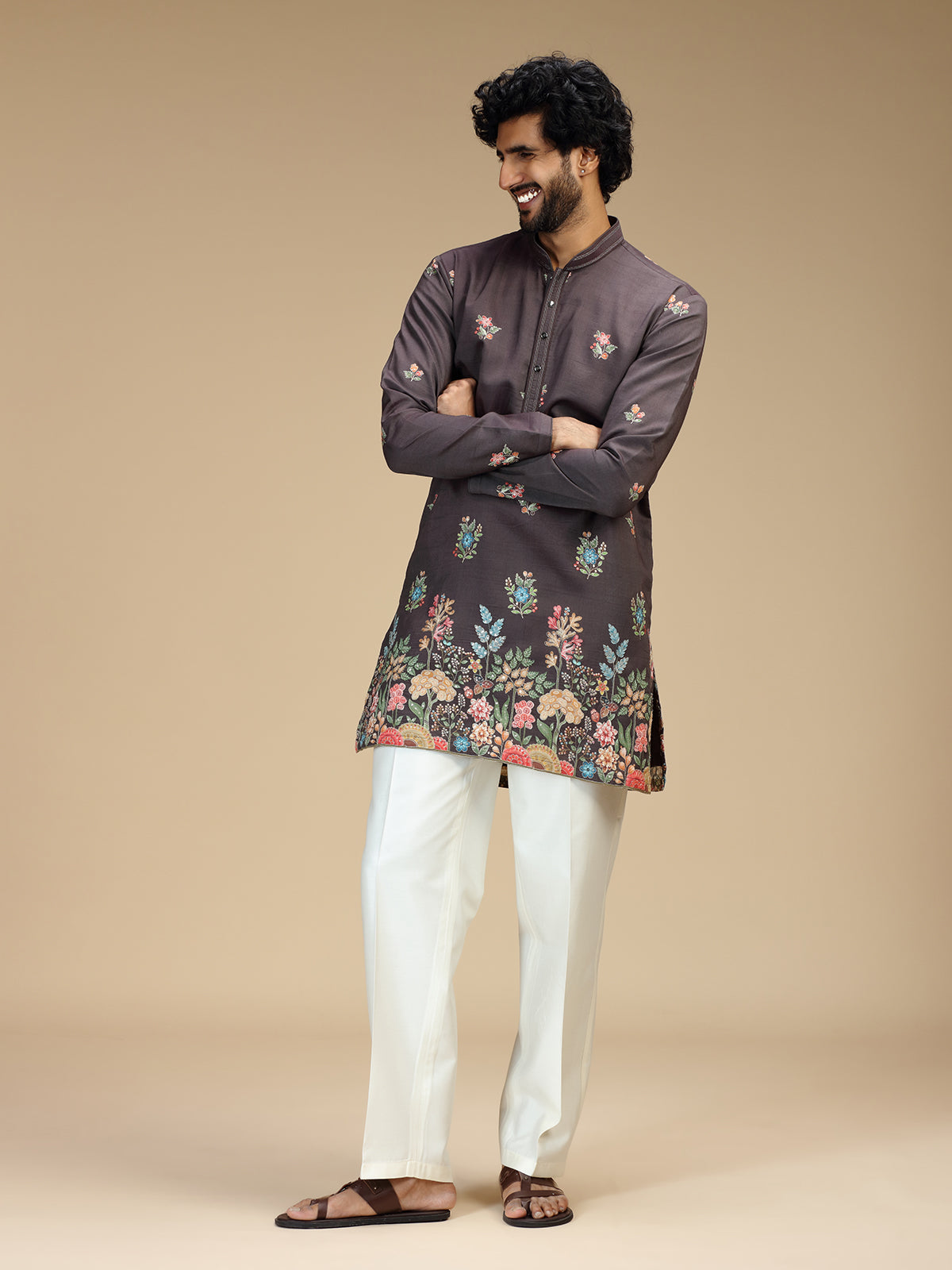 Grey floral embroidered viscose blend kurta pajama