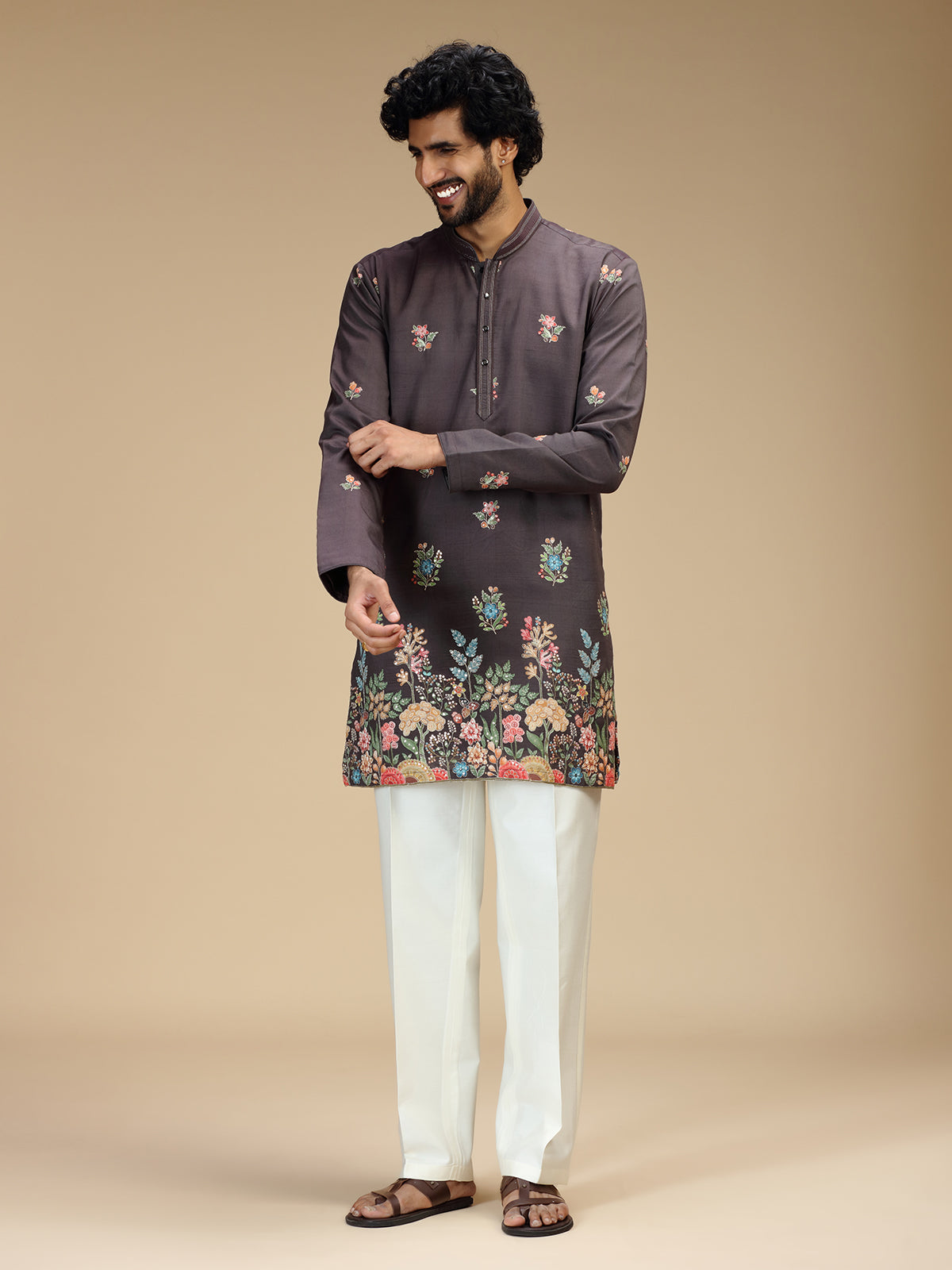 Grey floral embroidered viscose blend kurta pajama