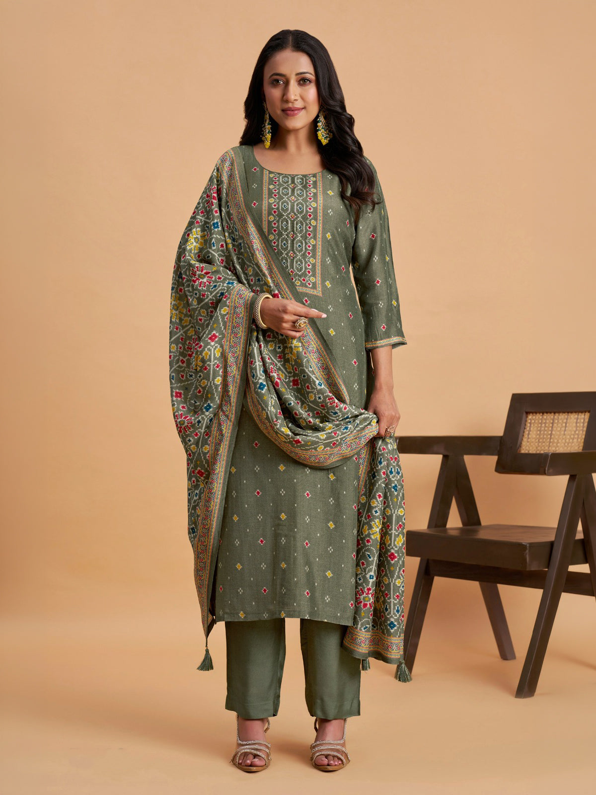 Moss green womens patola print pant suit