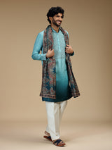 Blue ombre floral embroidered silk blend kurta pajama