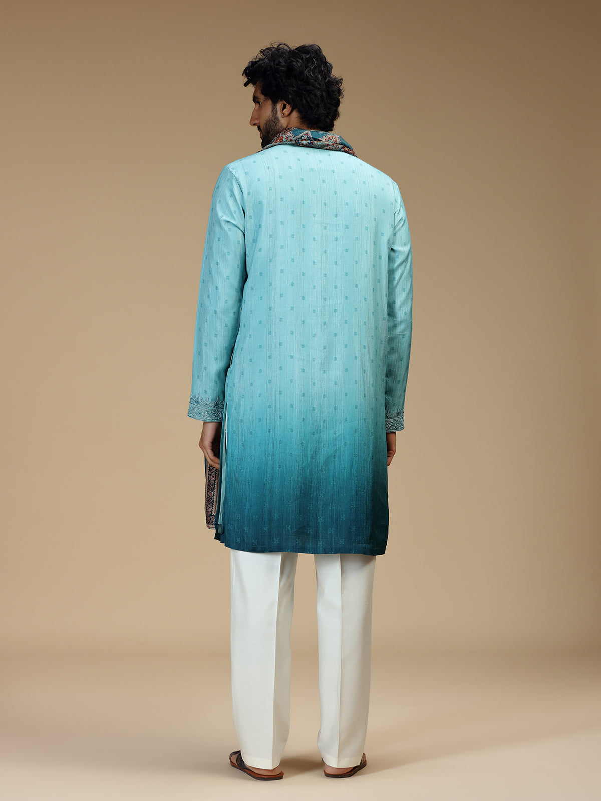 Blue ombre floral embroidered silk blend kurta pajama