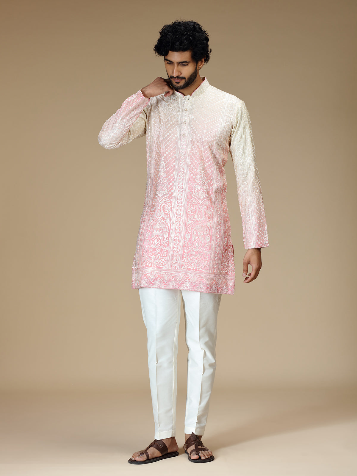 Cream pink shaded Chikankari silk kurta pajama