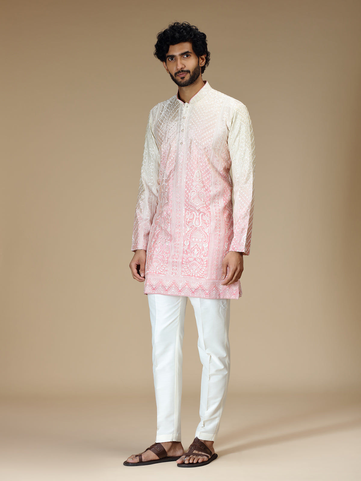 Cream pink shaded Chikankari silk kurta pajama