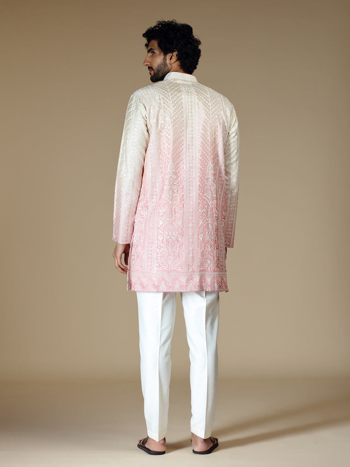 Cream pink shaded Chikankari silk kurta pajama