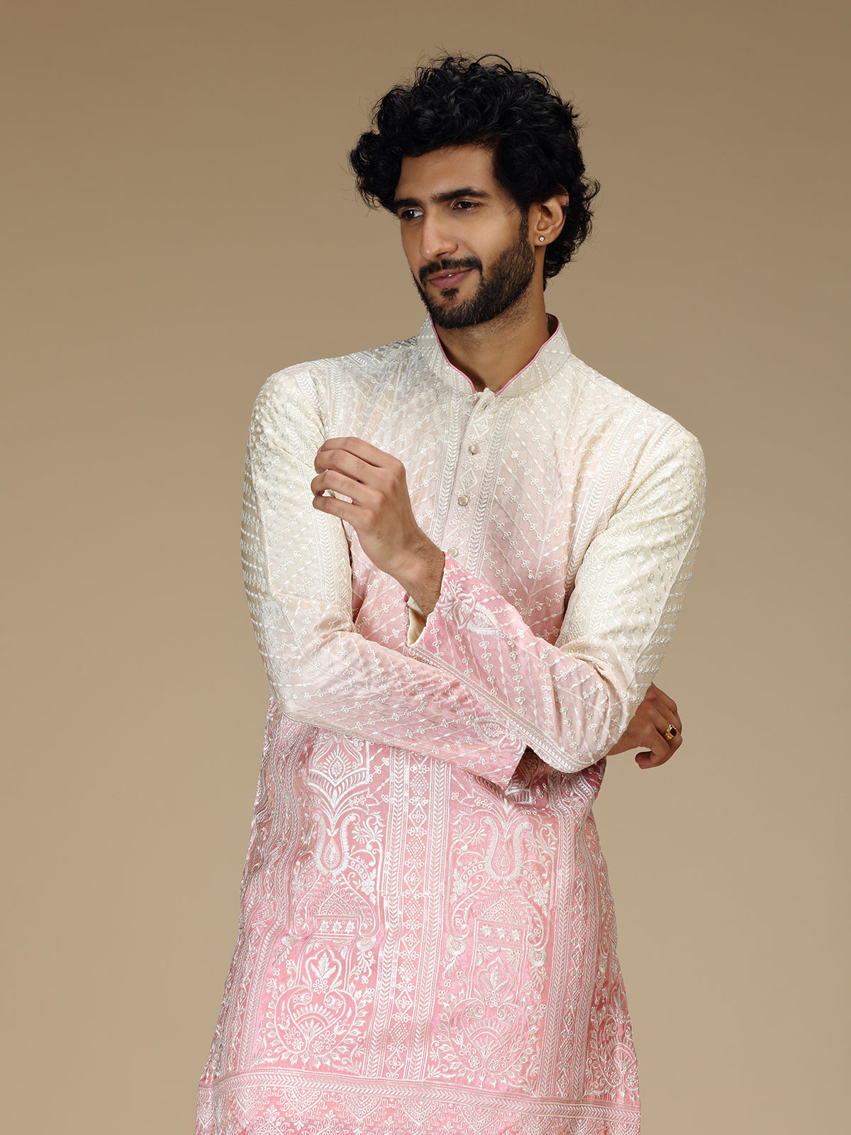 Cream pink shaded Chikankari silk kurta pajama