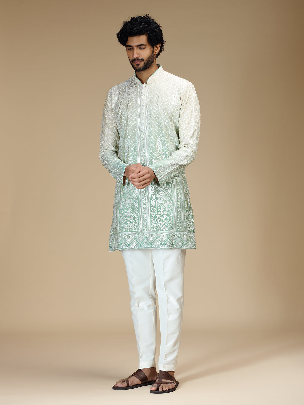White green shaded chikankari silk blend kurta pajama