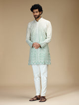 White green shaded chikankari silk blend kurta pajama